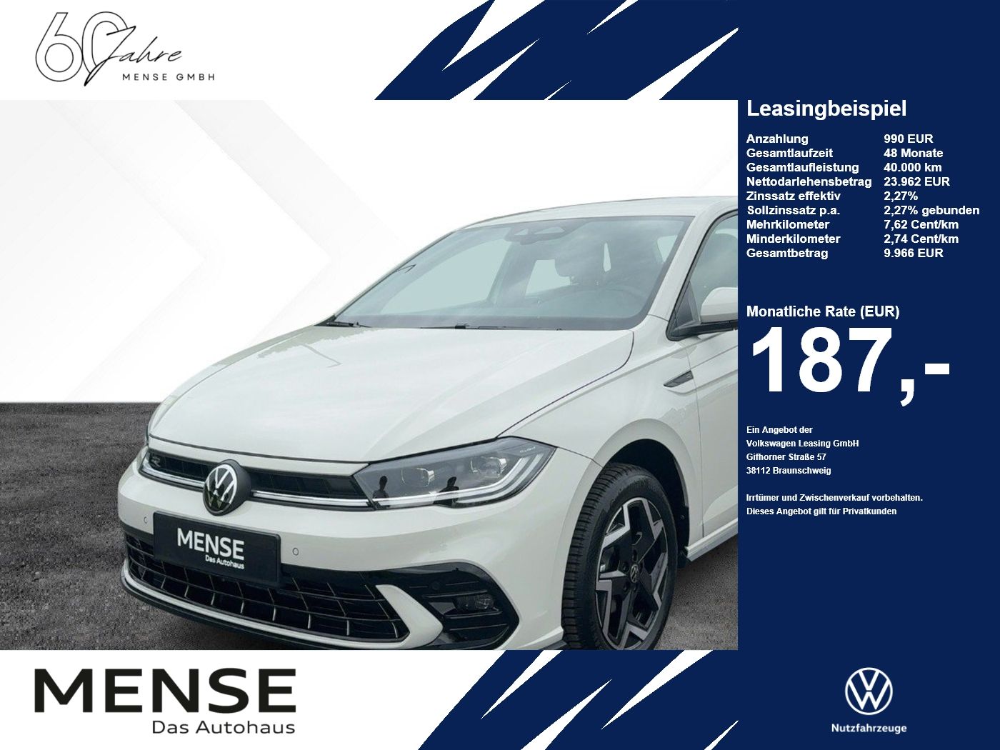 Fahrzeug autohaus mense Fahrzeugabbildung Volkswagen Polo R-Line 1.0 l TSI 5-Gang Kamera GJR, ACC - mit KI generiert/bearbeitet