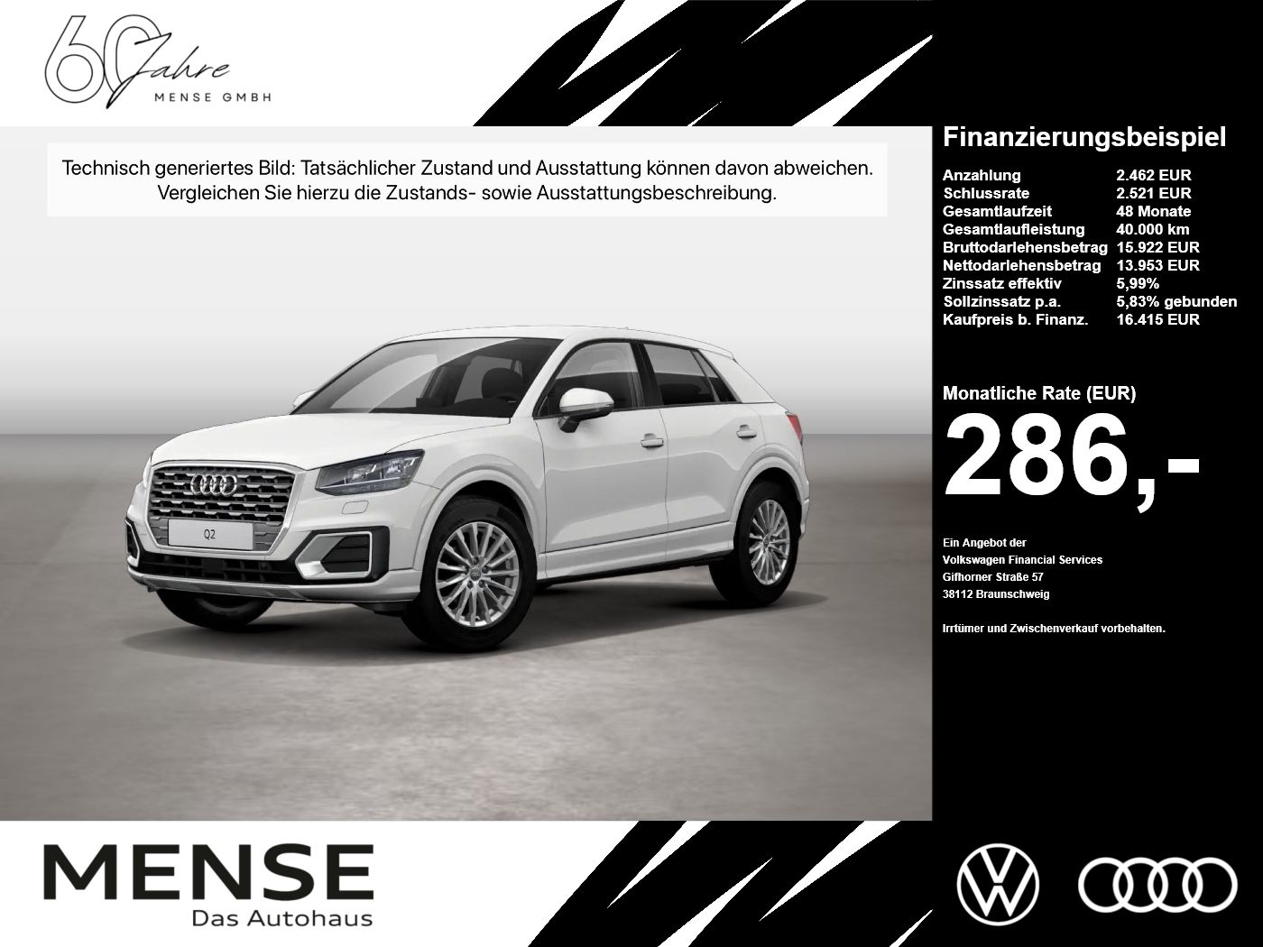 Fahrzeug autohaus mense Fahrzeugabbildung Audi Q2 ACC Kamera KlimaA PDC AUT LM - mit KI generiert/bearbeitet