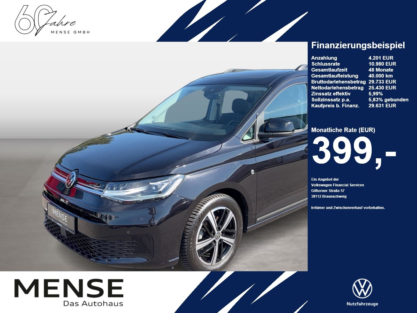 Fahrzeug autohaus mense Fahrzeugabbildung Volkswagen Caddy Life Dark Label 75kW CarPlay AHK Pano LED - mit KI generiert/bearbeitet