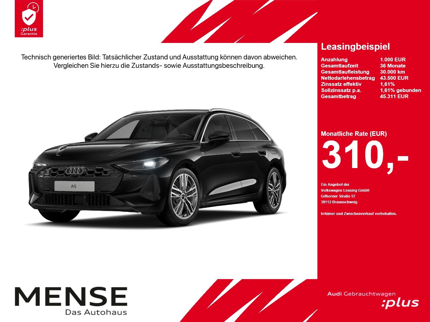 Fahrzeug autohaus mense Fahrzeugabbildung Audi A5 Avant e-hybrid quattro 220 kW S tronic ACC LM - mit KI generiert/bearbeitet