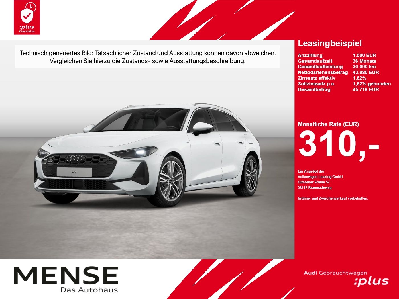 Fahrzeug autohaus mense Fahrzeugabbildung Audi A5 Avant e-hybrid quattro 220 kW S tronic ACC LM - mit KI generiert/bearbeitet