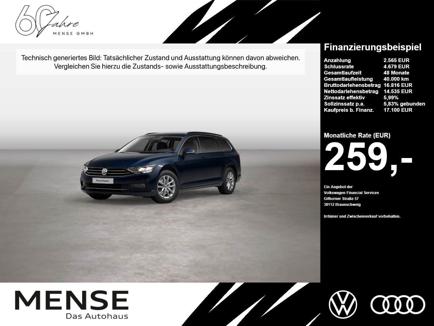 Fahrzeug autohaus mense Fahrzeugabbildung Volkswagen Passat Variant 2.0 TDI DSG Business CarPlay AHK - mit KI generiert/bearbeitet