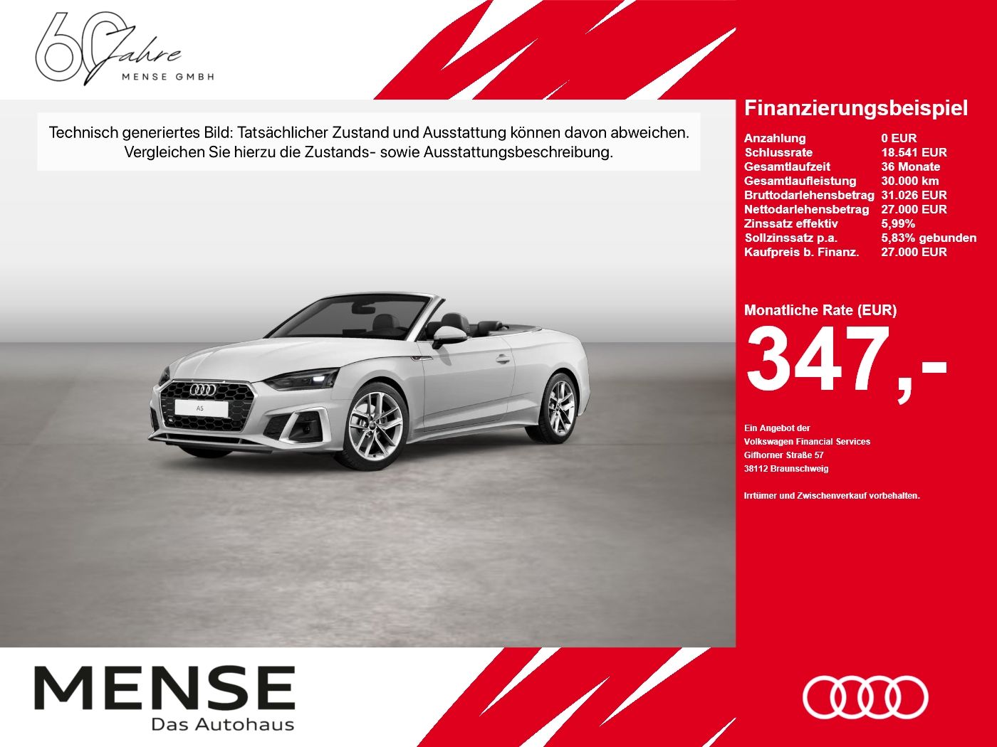 Fahrzeug autohaus mense Fahrzeugabbildung Audi A5 Cabriolet 35 TFSI S tronic S line - mit KI generiert/bearbeitet