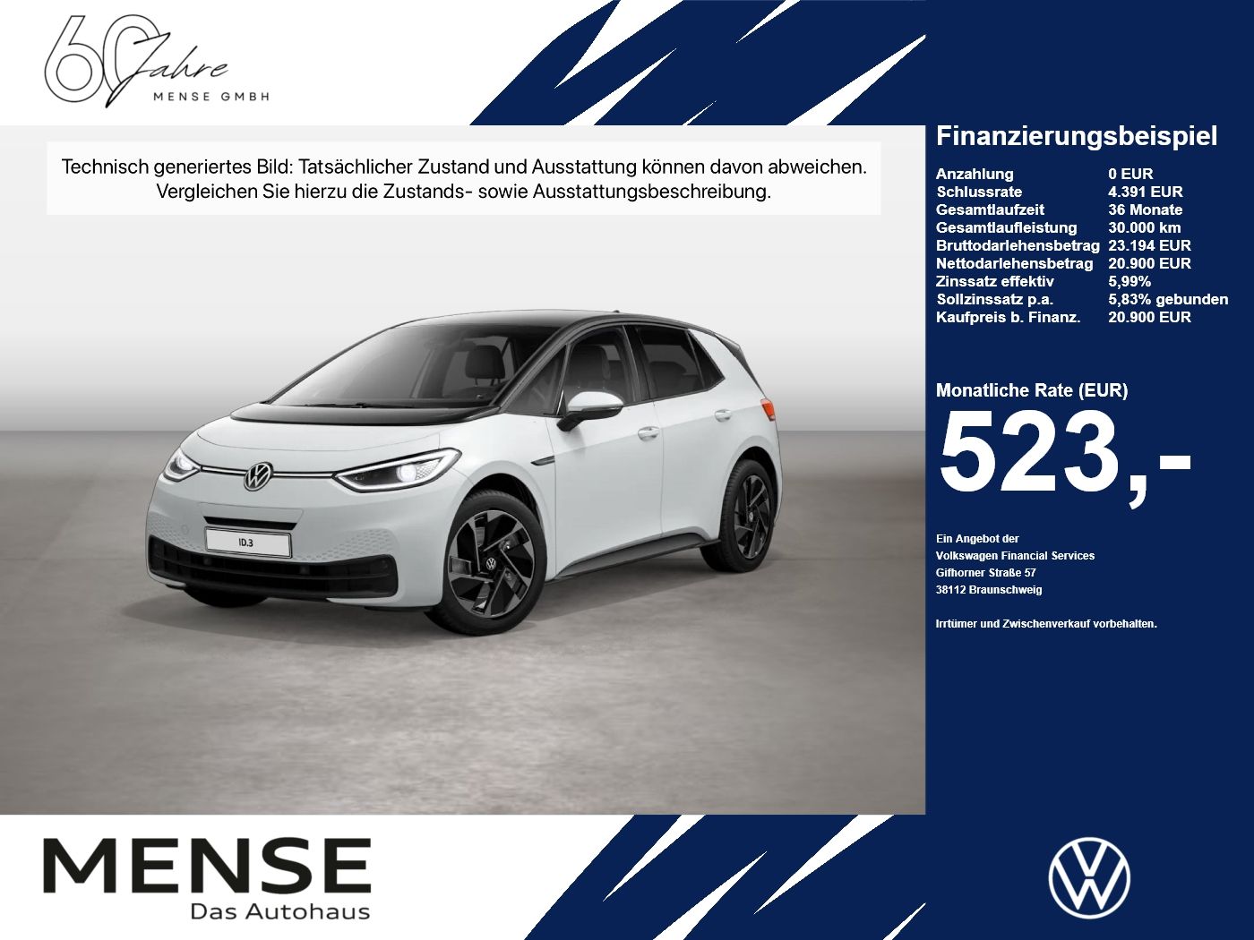 Fahrzeuge PKW autohaus mense Volkswagen ID.3 Pro Performance Business Matrix CarPlay ACC - mit KI generiert/bearbeitet