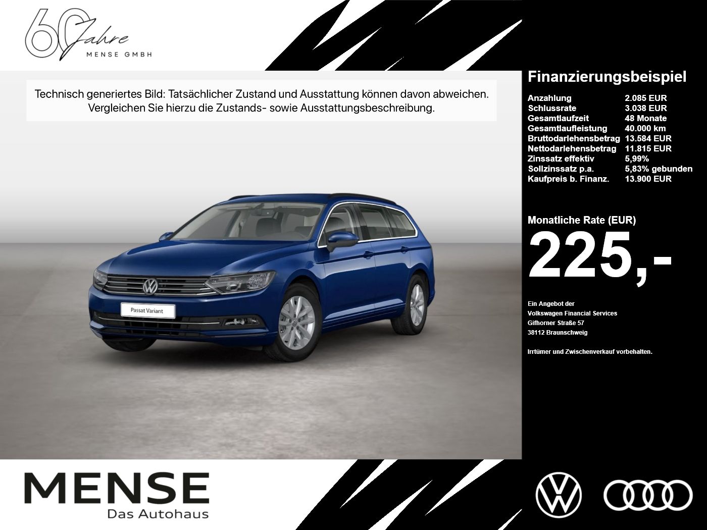 Fahrzeug autohaus mense Fahrzeugabbildung Volkswagen Passat Variant 1.4 TSI Comfortline ACC Navi PDC - mit KI generiert/bearbeitet