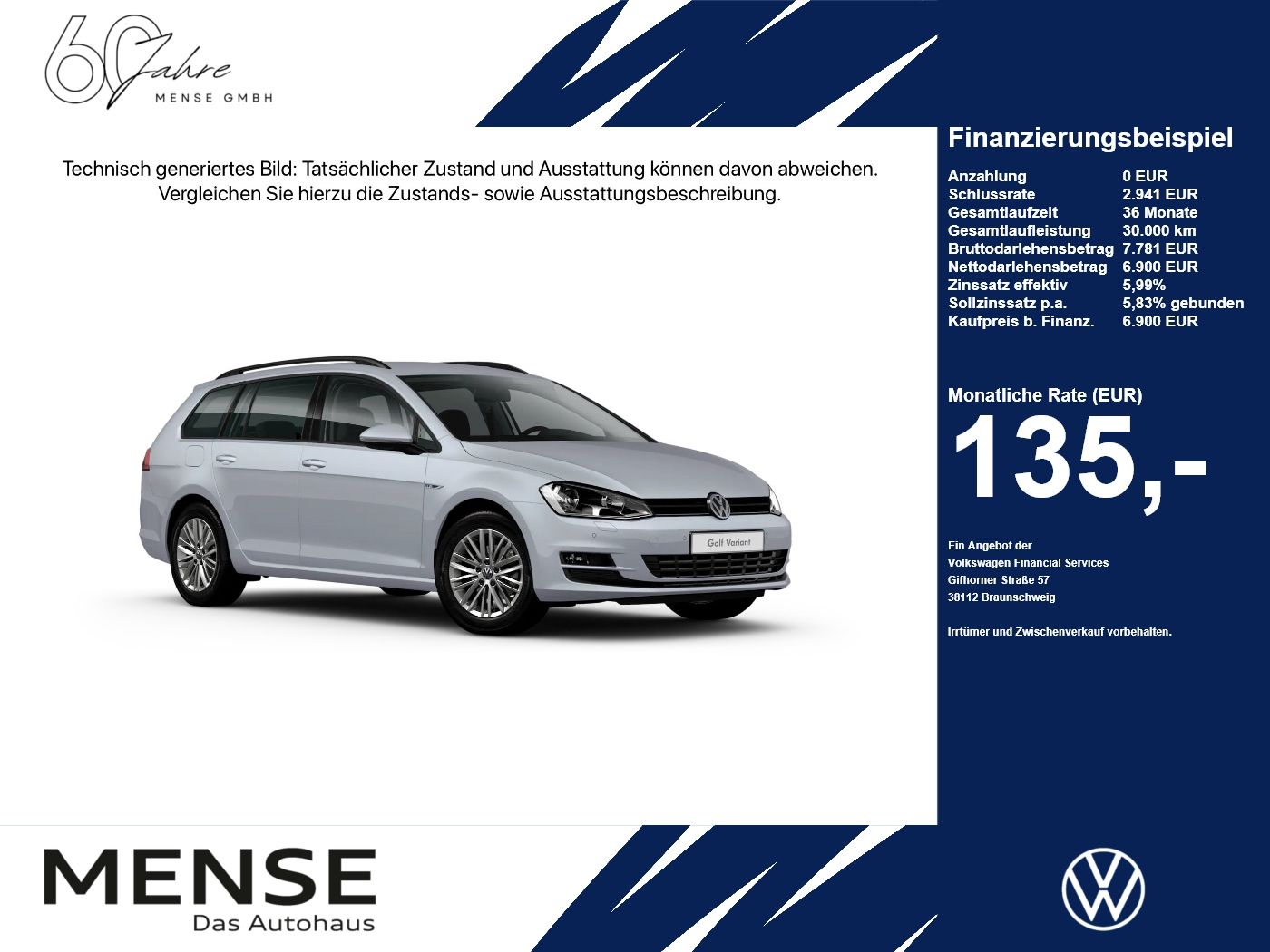 Fahrzeug autohaus mense Fahrzeugabbildung Volkswagen Golf Variant Comfortline 1.4l TSI 92kW 6-Gang LM - mit KI generiert/bearbeitet