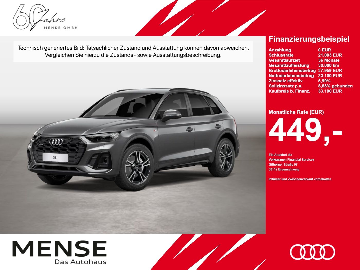 Fahrzeug autohaus mense Fahrzeugabbildung Audi Q5 40 TDI quattro S tronic S line Matrix CarPlay - mit KI generiert/bearbeitet