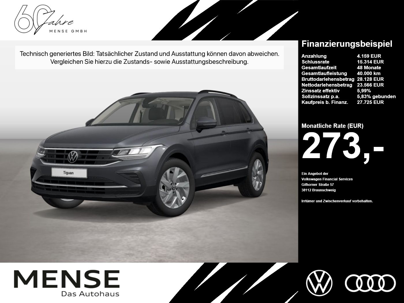 Fahrzeug autohaus mense Fahrzeugabbildung Volkswagen Tiguan 2.0 TDI 4Motion DSG Life CarPlay AHK ACC - mit KI generiert/bearbeitet