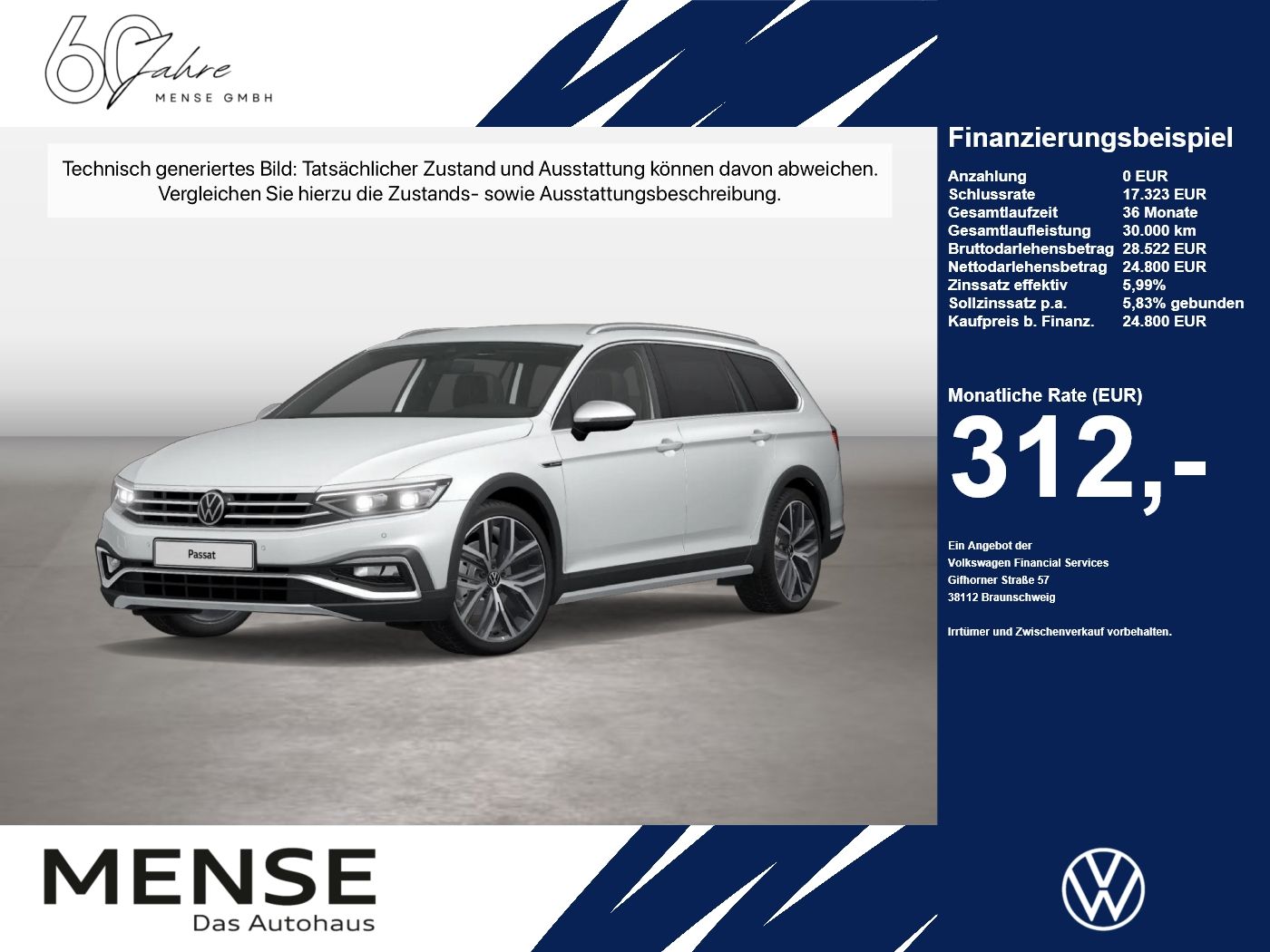 Fahrzeug autohaus mense Fahrzeugabbildung Volkswagen Passat Variant Alltrack 2.0 TDI 4-MOTION DSG - mit KI generiert/bearbeitet