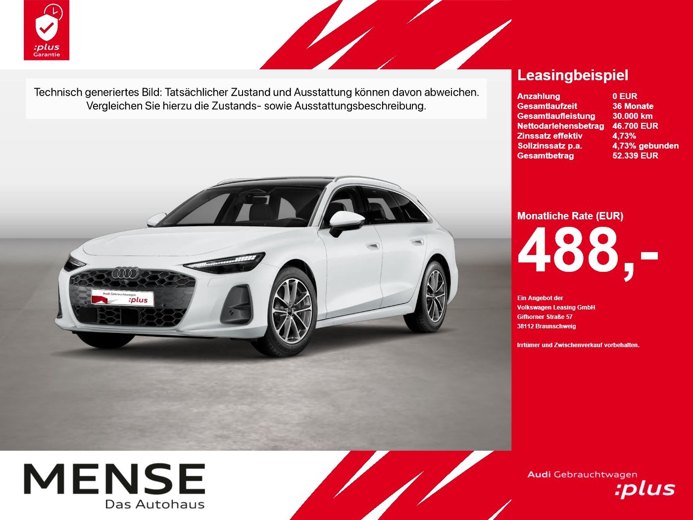 Fahrzeug autohaus mense Fahrzeugabbildung Audi A6 Avant TDI 150 kW S tronic AHK Pano ACC LED LM - mit KI generiert/bearbeitet