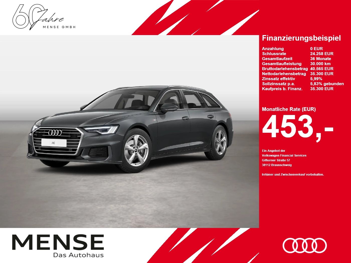 Fahrzeug autohaus mense Fahrzeugabbildung Audi A6 Avant 40 TDI quattro S tronic S line Matrix - mit KI generiert/bearbeitet