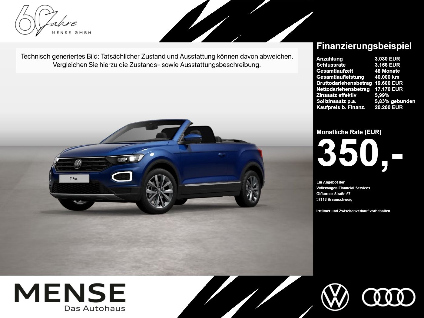 Fahrzeug autohaus mense Fahrzeugabbildung Volkswagen T-Roc Cabriolet 1.5 TSI Style - mit KI generiert/bearbeitet