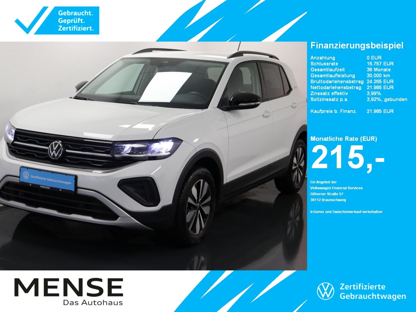 Fahrzeuge PKW autohaus mense Volkswagen T-Cross 1.0 TSI Life Goal CarPlay|AHK|ACC|LED|LM