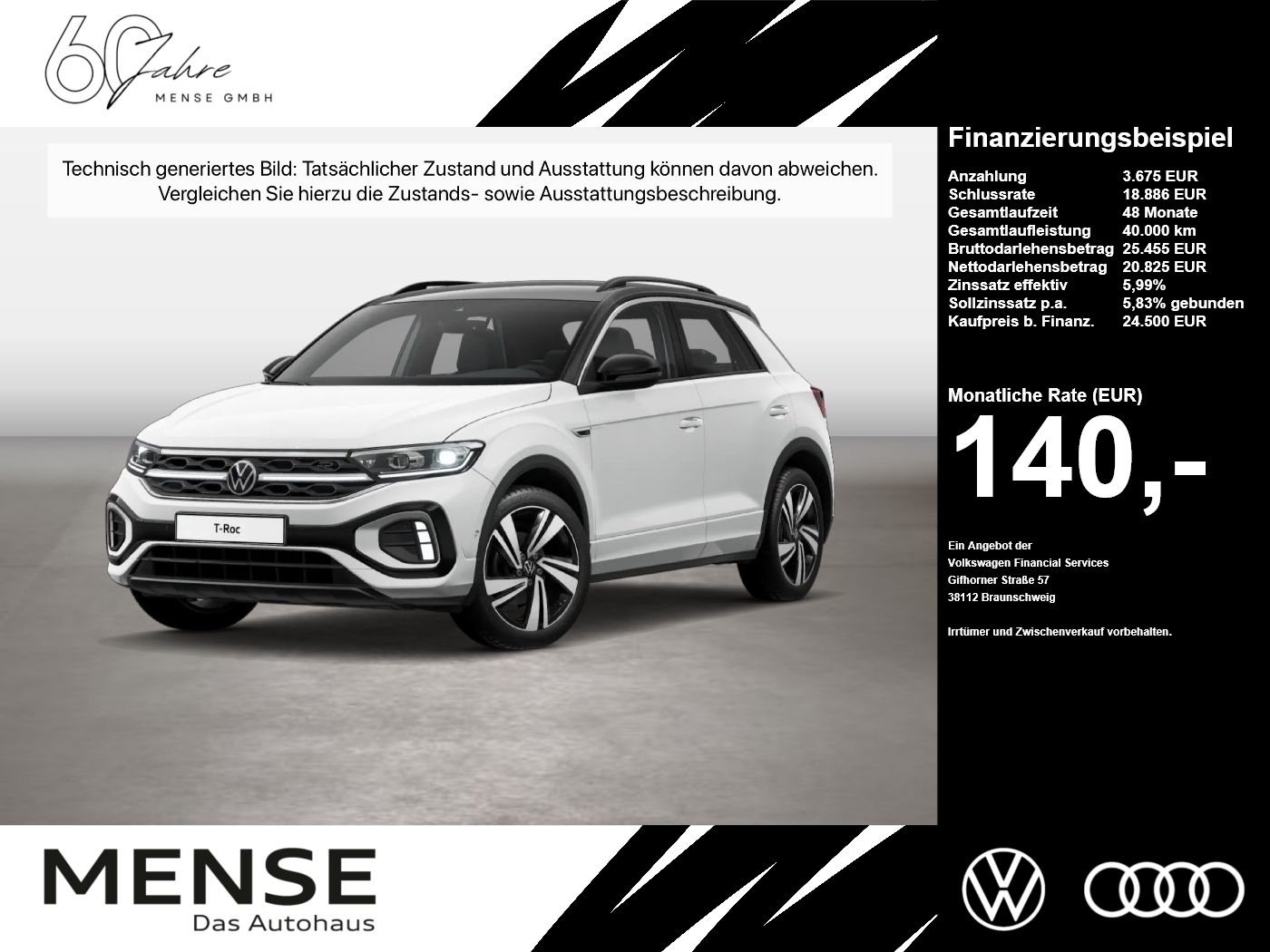 Fahrzeug autohaus mense Fahrzeugabbildung Volkswagen T-Roc 1.5 TSI R-Line IQ.Light Matrix CarPlay AHK - mit KI generiert/bearbeitet