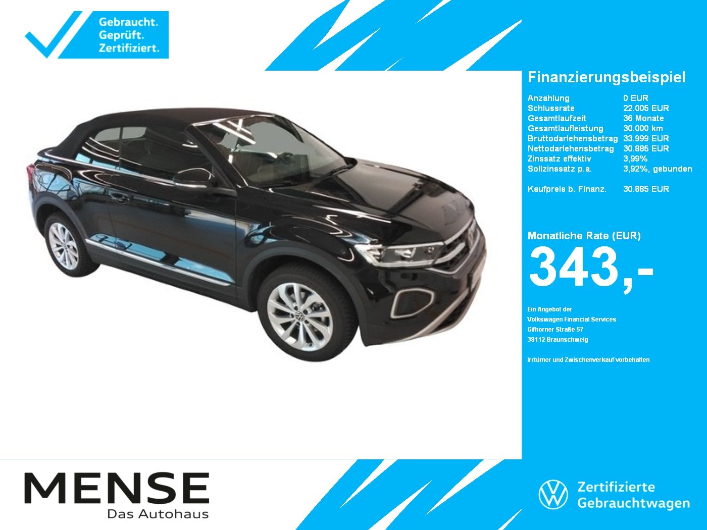 Fahrzeuge PKW autohaus mense Volkswagen T-Roc Cabriolet 1.5 TSI Style CarPlay|Standhzg