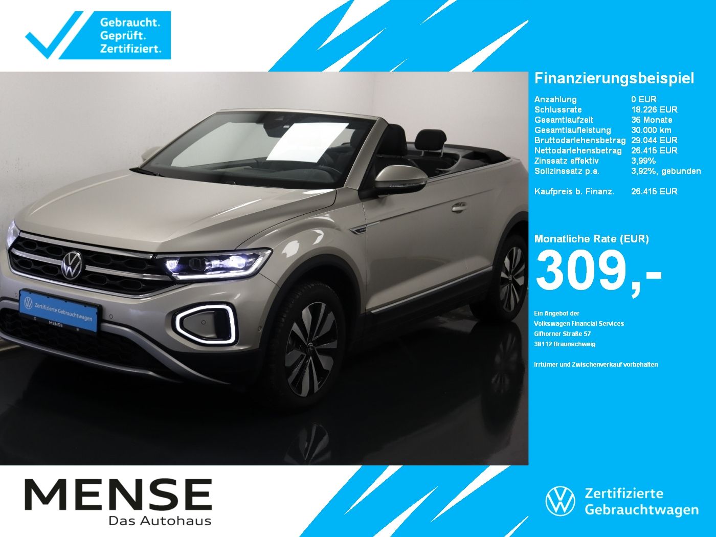 Fahrzeuge PKW autohaus mense Volkswagen T-Roc Cabriolet 1.0 TSI Style Move CarPlay|ACC|L