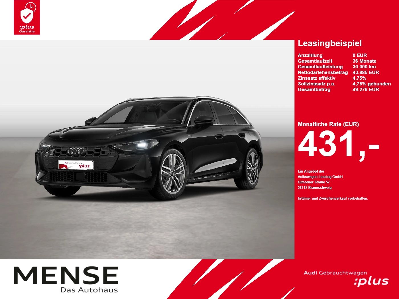 Fahrzeug autohaus mense Fahrzeugabbildung Audi A5 Avant e-hybrid quattro 220 kW S tronic ACC LM - mit KI generiert/bearbeitet