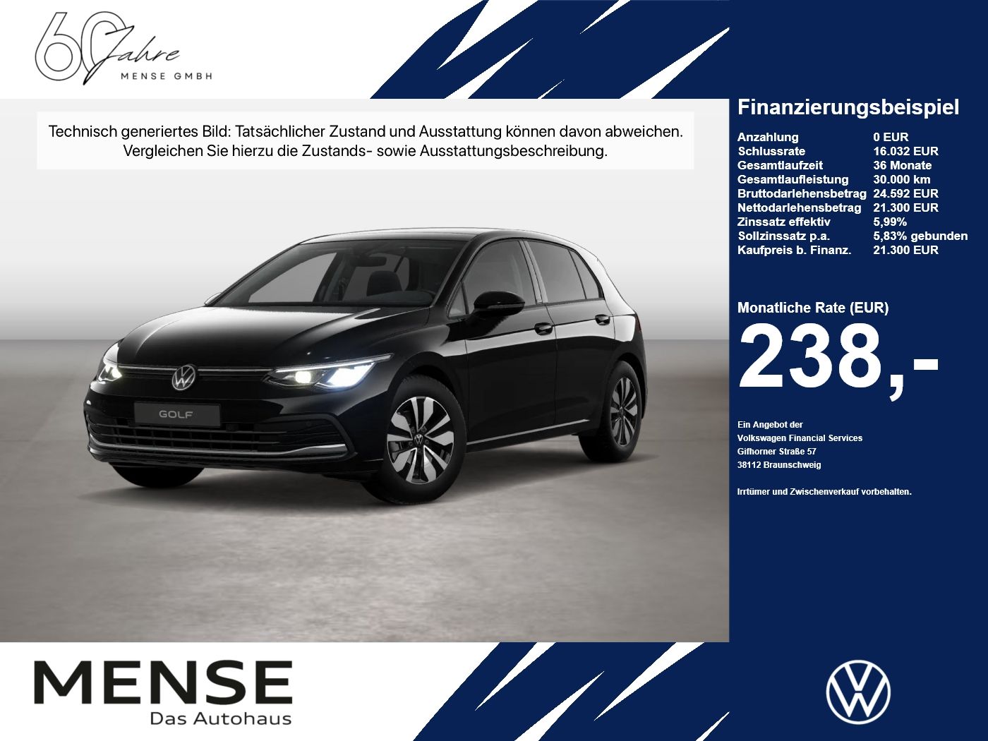 Fahrzeug autohaus mense Fahrzeugabbildung Volkswagen Golf VIII 2.0 TDI Move CarPlay AHK Pano SD ACC - mit KI generiert/bearbeitet