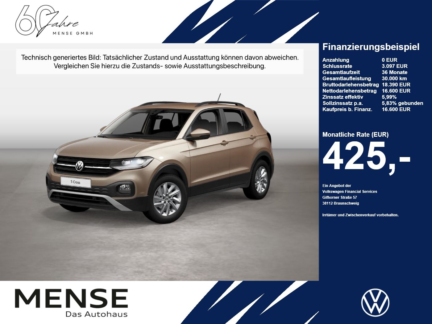 Fahrzeugabbildung Volkswagen T-Cross 1.0 TSI Life CarPlay LED LaneAss PDC LM - mit KI generiert/bearbeitet