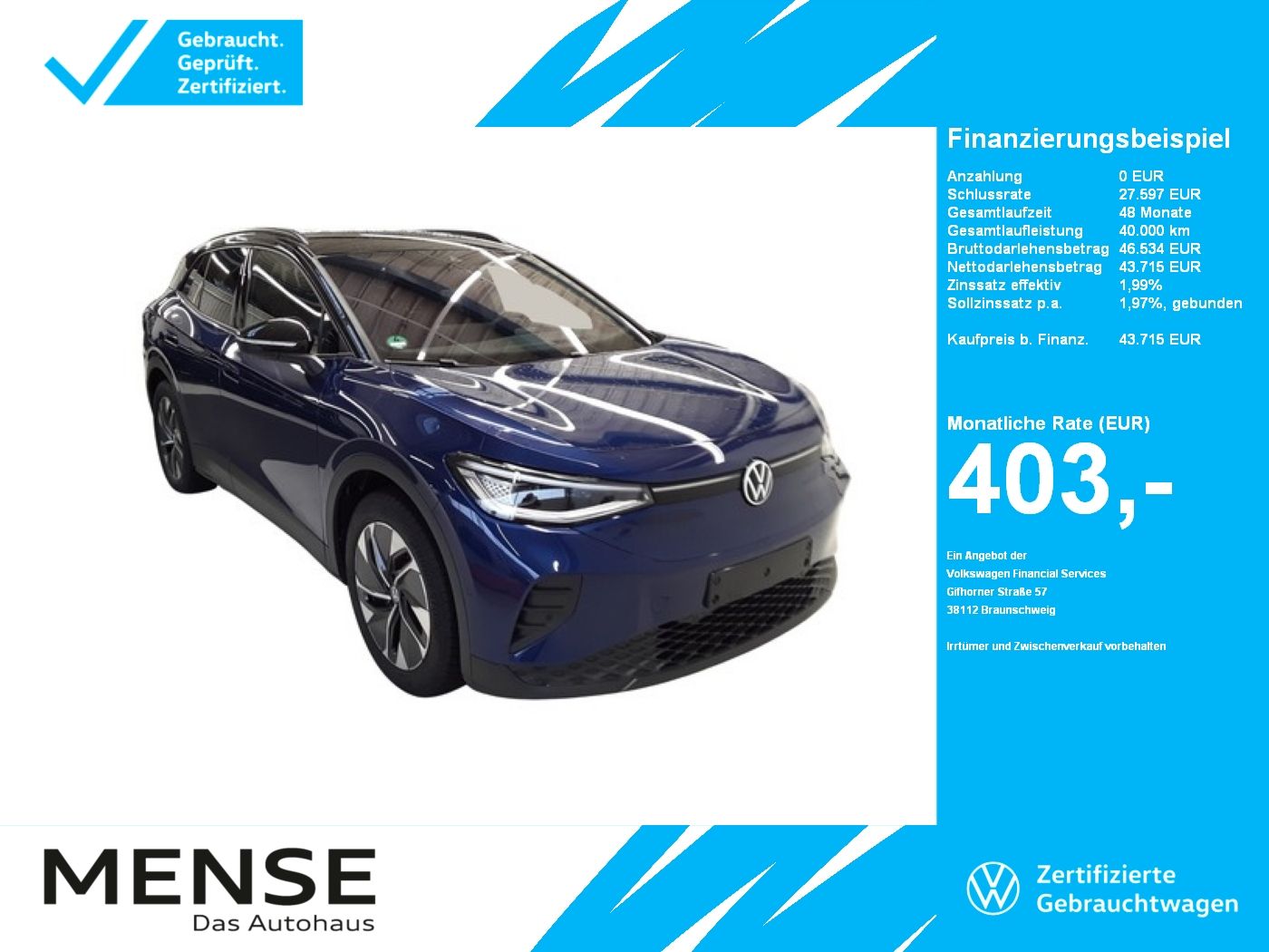 Fahrzeuge PKW autohaus mense Volkswagen ID.4 Pro electric IQ.Light|Matrix|CarPlay|h/k|HU