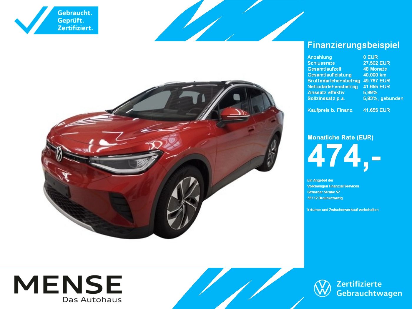 Fahrzeuge PKW autohaus mense Volkswagen ID.4 Pro electric IQ.Light|Matrix|CarPlay|h/k|LM