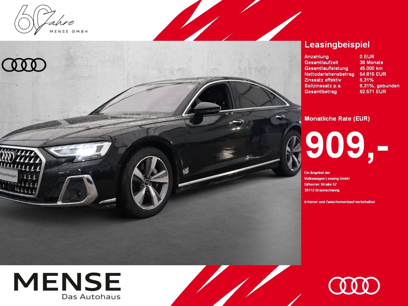 Fahrzeug autohaus mense Fahrzeugabbildung Audi A8 55 TFSI quattro tiptronic Matrix|HUD|Luft|ACC