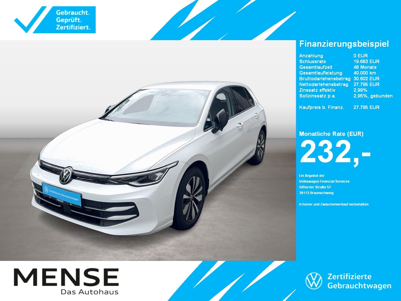 Fahrzeug autohaus mense Fahrzeugabbildung Volkswagen Golf VIII 2.0 TDI DSG GOAL CarPlay|AHK|ACC|LED