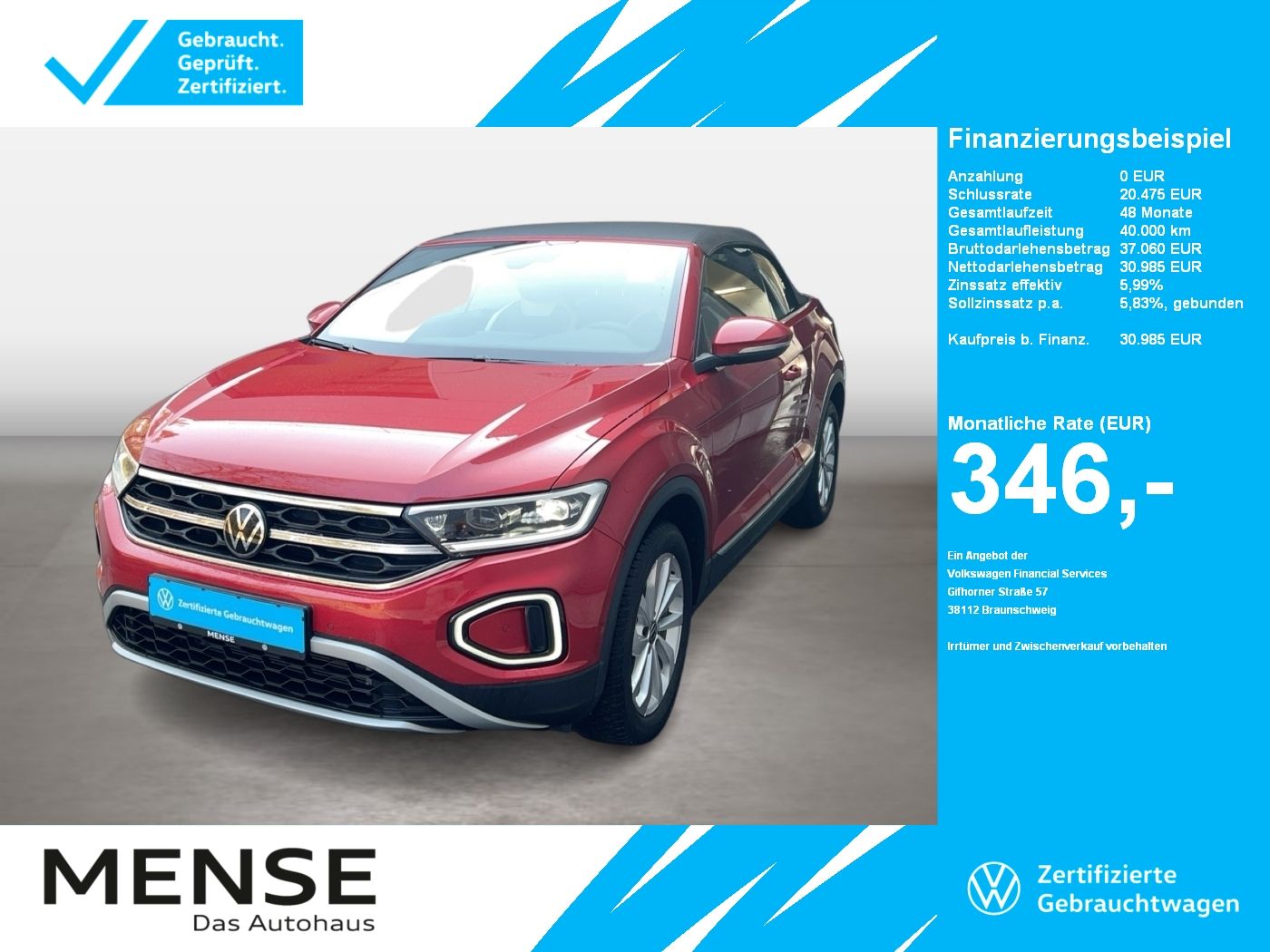 Fahrzeuge PKW autohaus mense Volkswagen T-Roc Cabriolet 1.0 TSI Style Beats|CarPlay|AHK