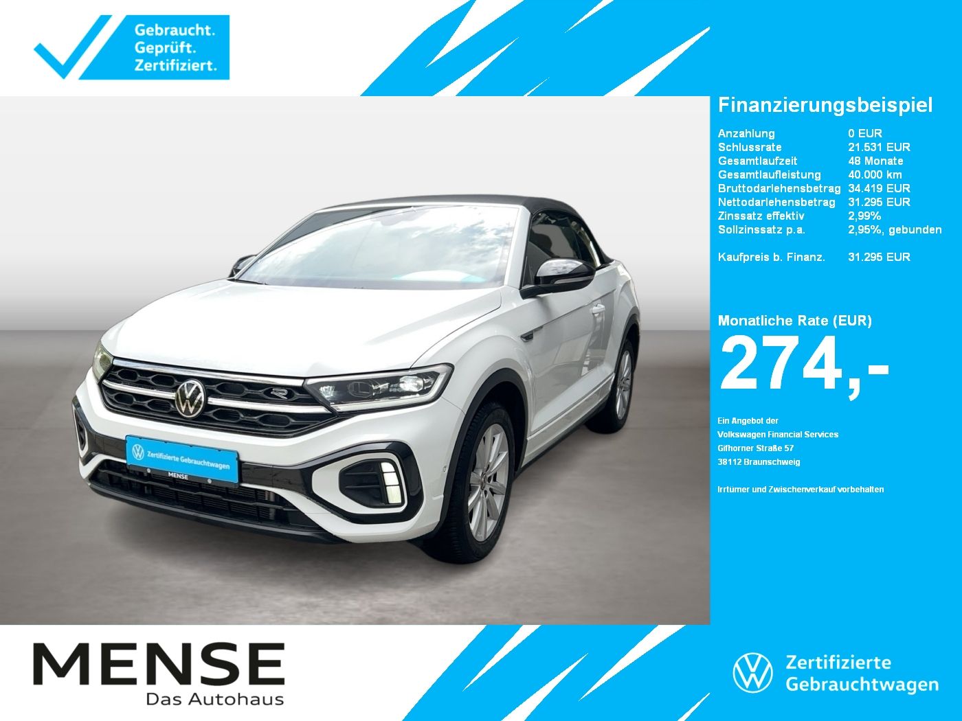 Fahrzeuge PKW autohaus mense Volkswagen T-Roc Cabriolet 1.5 TSI DSG R-line IQ.Light|ACC