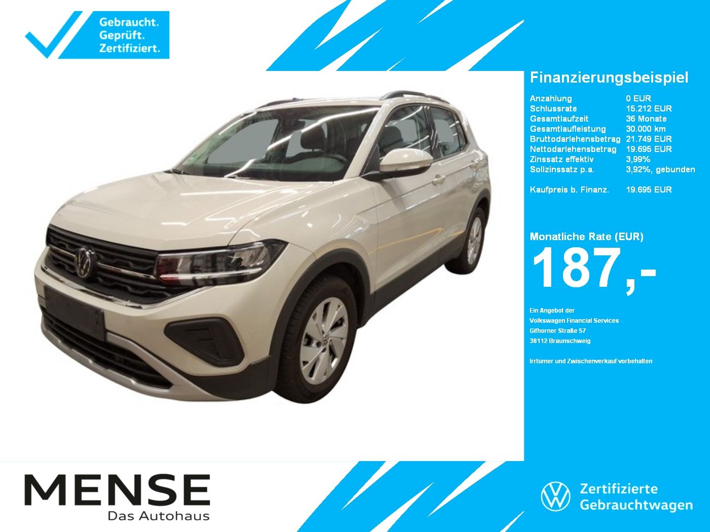 Fahrzeug autohaus mense Fahrzeugabbildung Volkswagen T-Cross 1.0 TSI Life CarPlay|ACC|LED|Navi|KlimaA