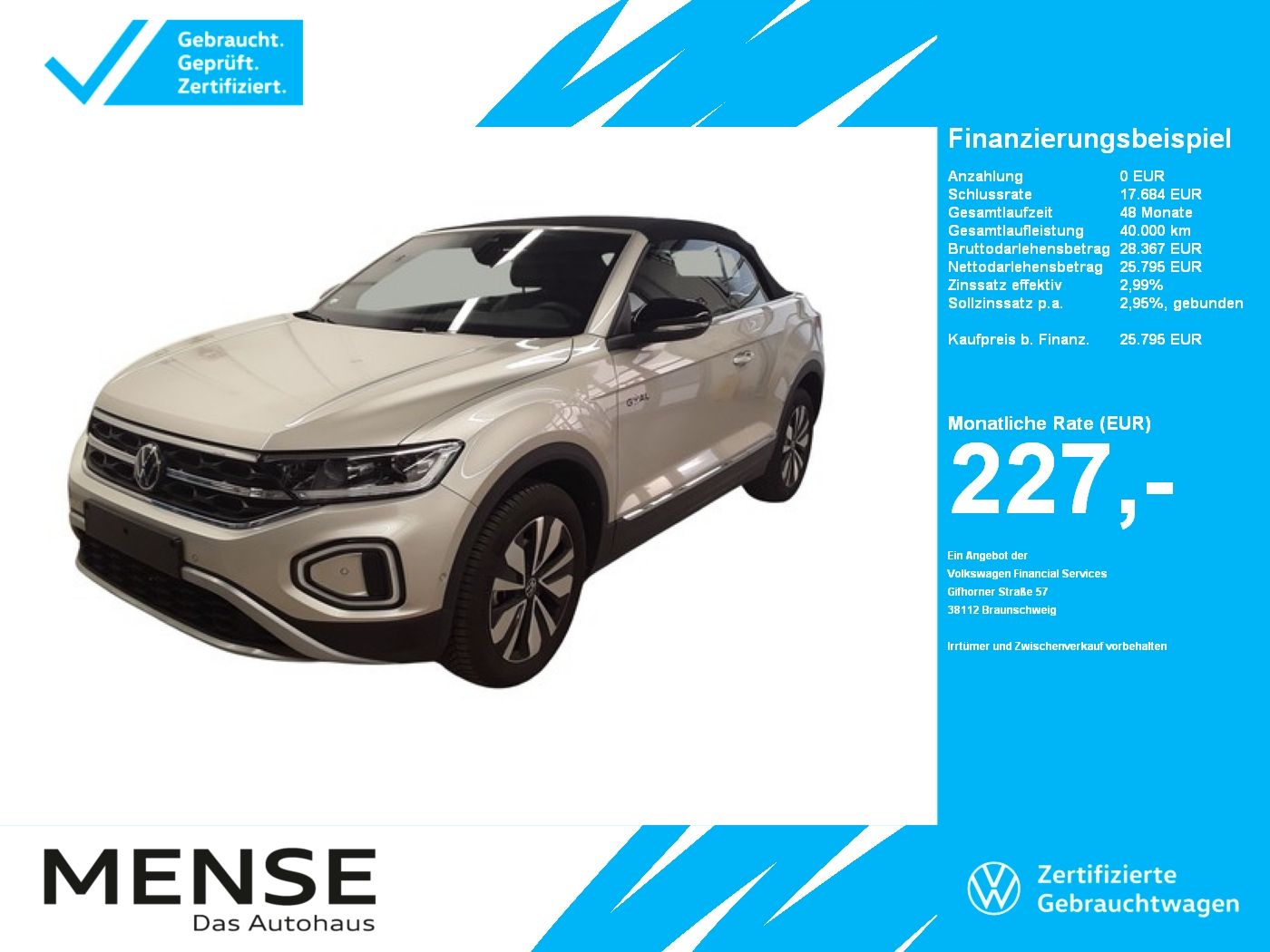 Fahrzeuge PKW autohaus mense Volkswagen T-Roc Cabriolet 1.0 TSI Style CarPlay|ACC|LED|LM