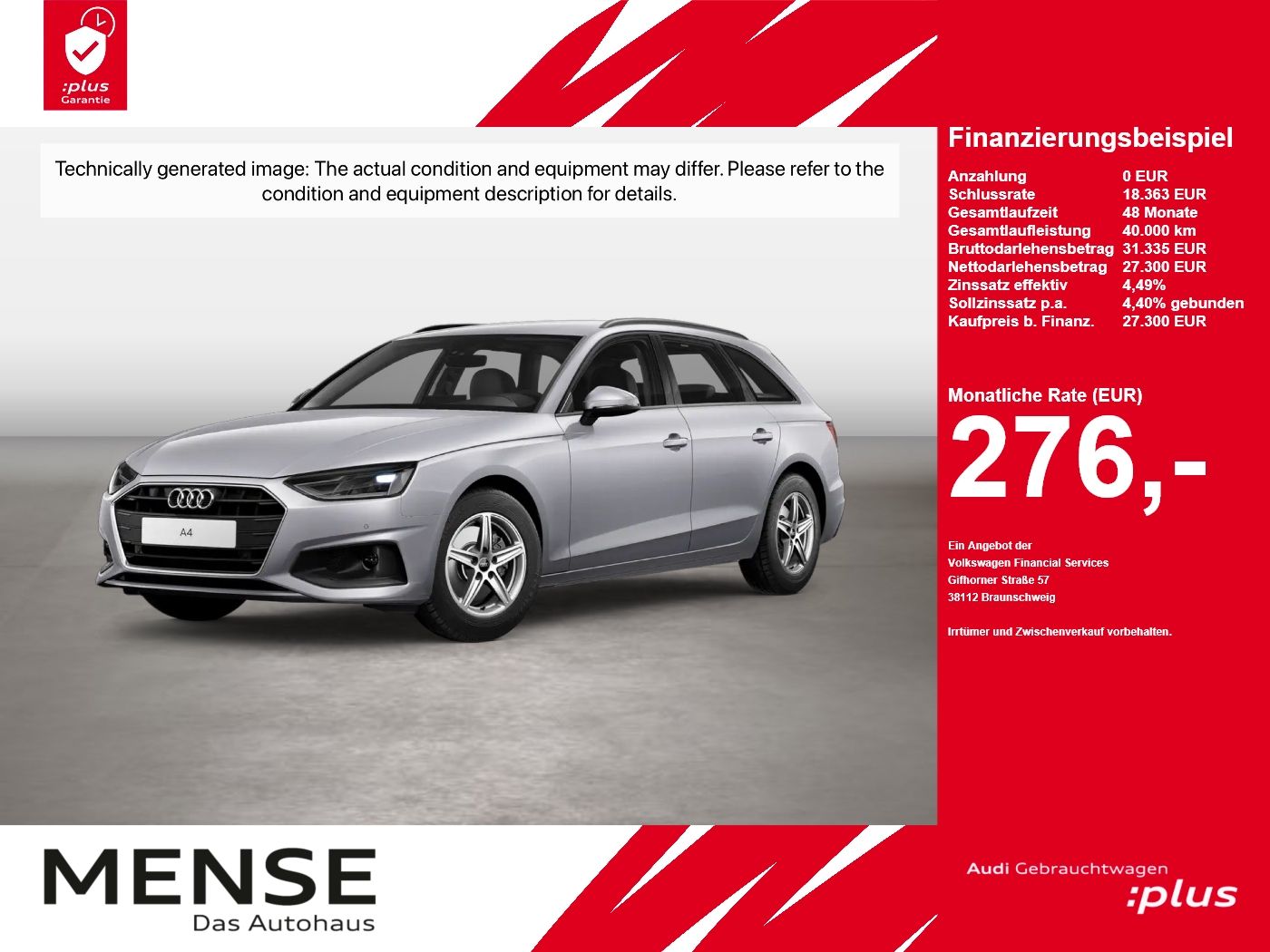 Fahrzeug autohaus mense Fahrzeugabbildung Audi A4 Avant 30 TDI S tronic ACC Navi Akustikglas LM - mit KI generiert/bearbeitet