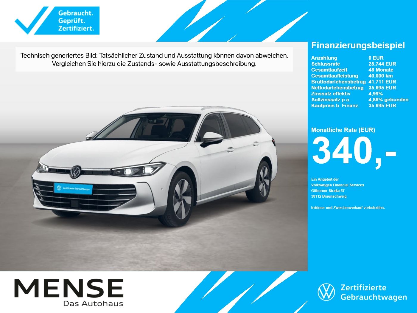 Fahrzeuge PKW autohaus mense Volkswagen Passat Variant 2.0TDI DSG Elegance IQ.Light AHK - mit KI generiert/bearbeitet