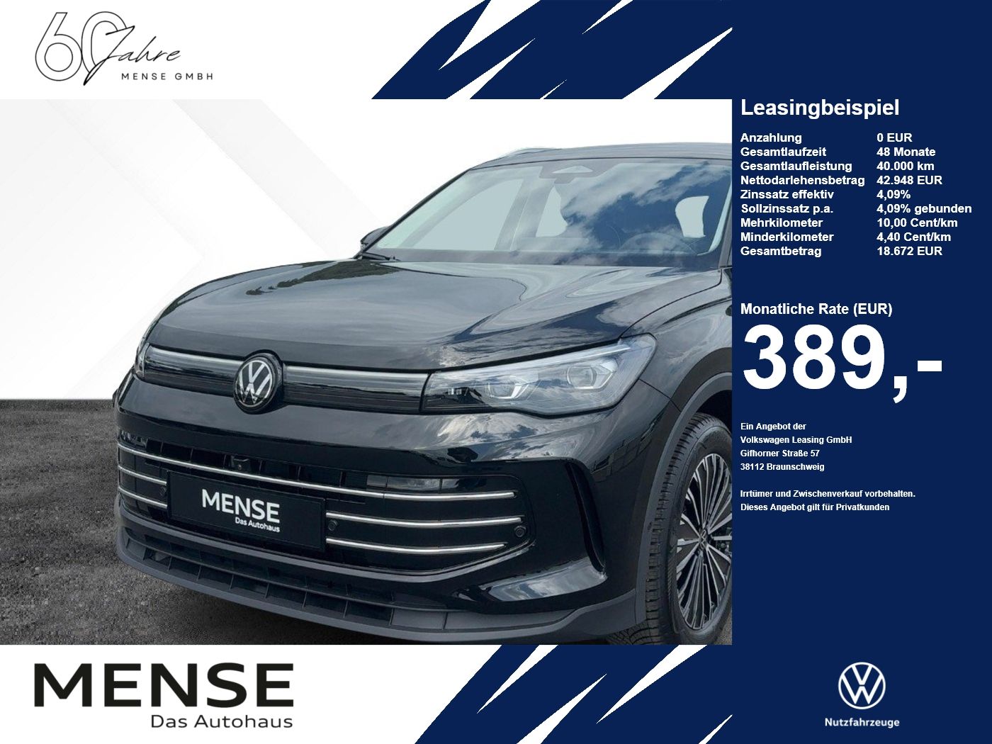 Fahrzeug autohaus mense Fahrzeugabbildung Volkswagen Tiguan Elegance 1.5 l eTSI OPF DSG AHK Navi 360° - mit KI generiert/bearbeitet