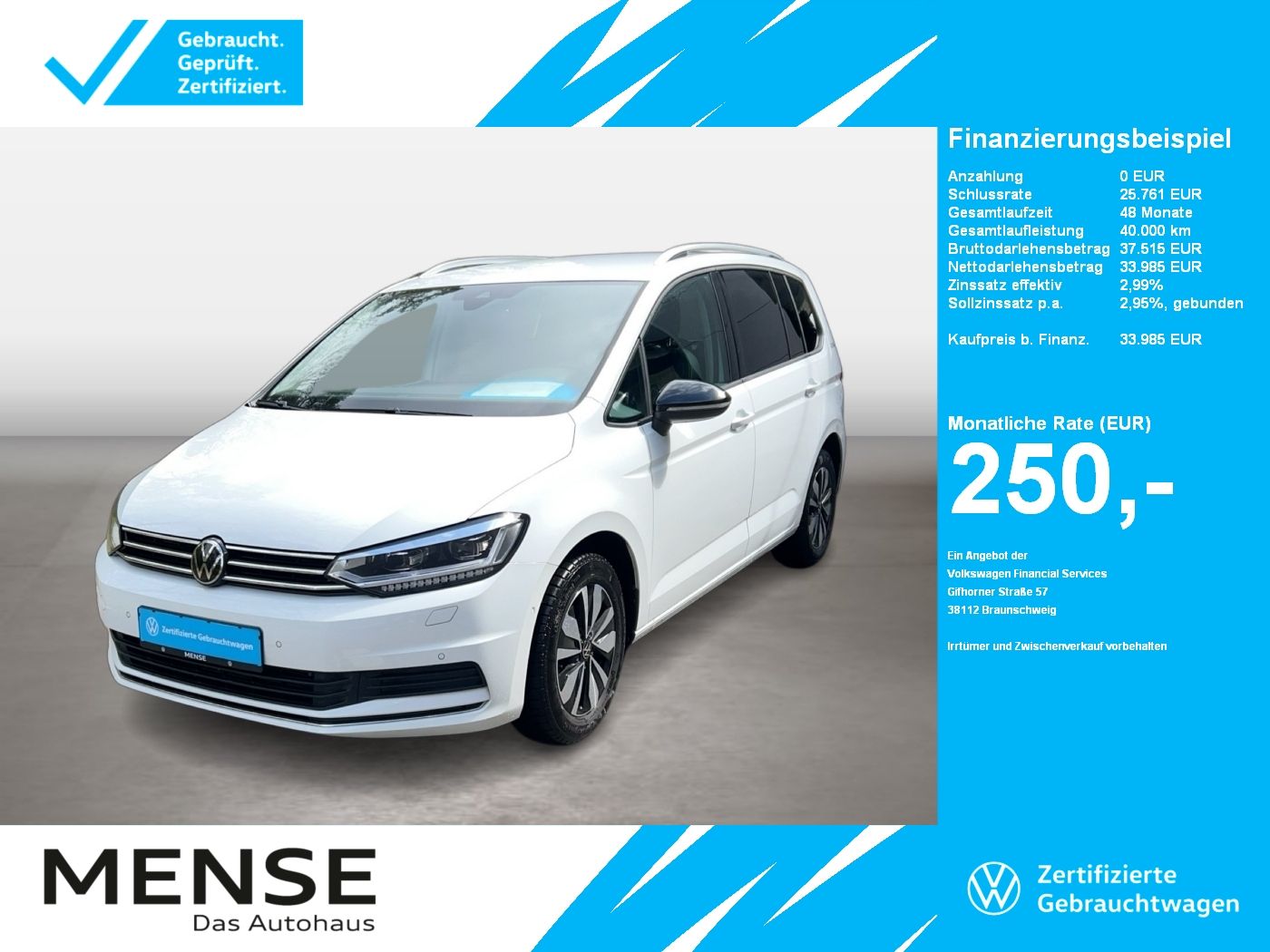 Fahrzeuge PKW autohaus mense Volkswagen Touran 1.5 TSI DSG Comfortline Goal AHK ACC Akus