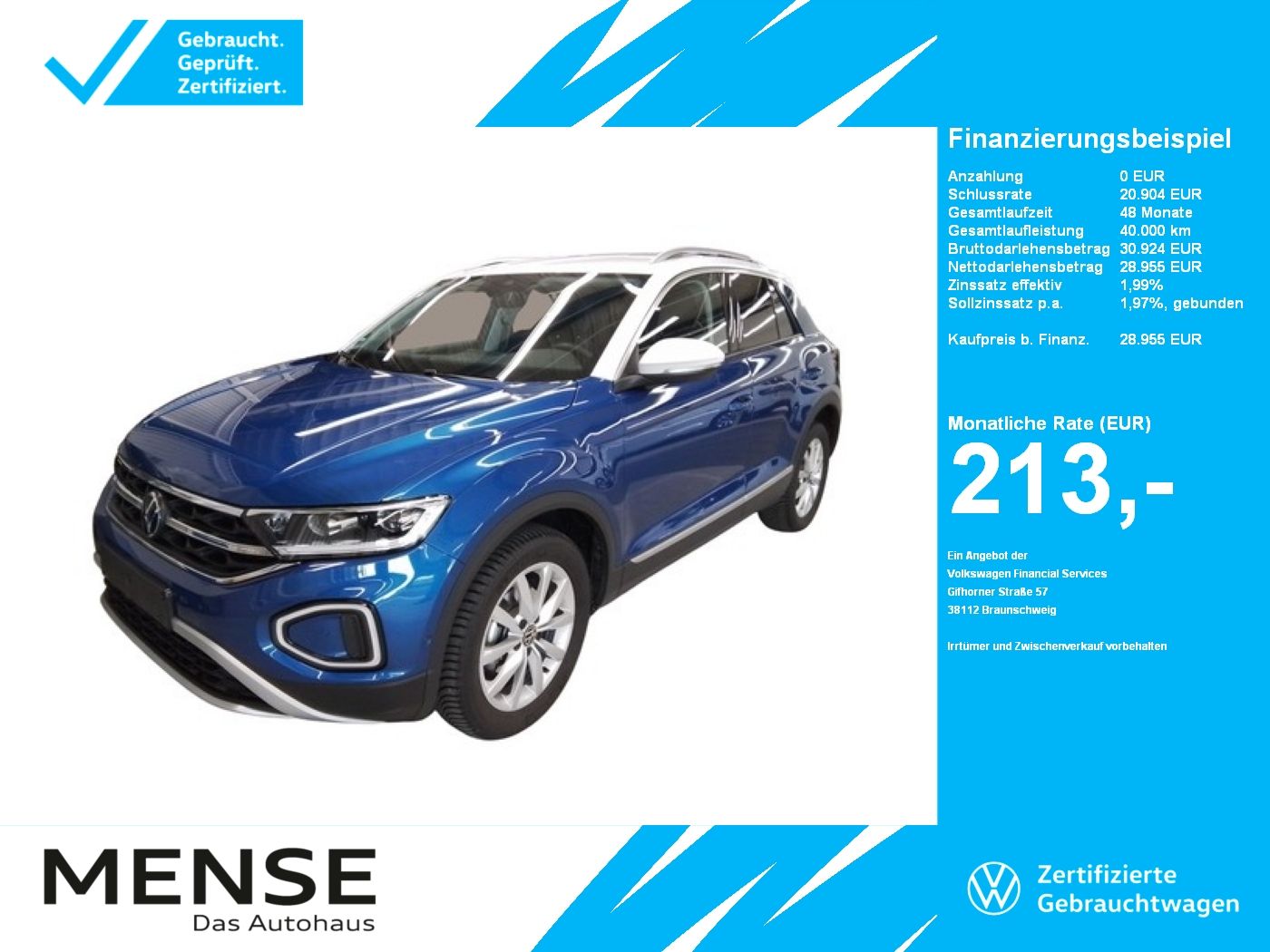 Fahrzeuge PKW autohaus mense Volkswagen T-Roc 2.0 TDI Style CarPlay AHK ACC LED Massage