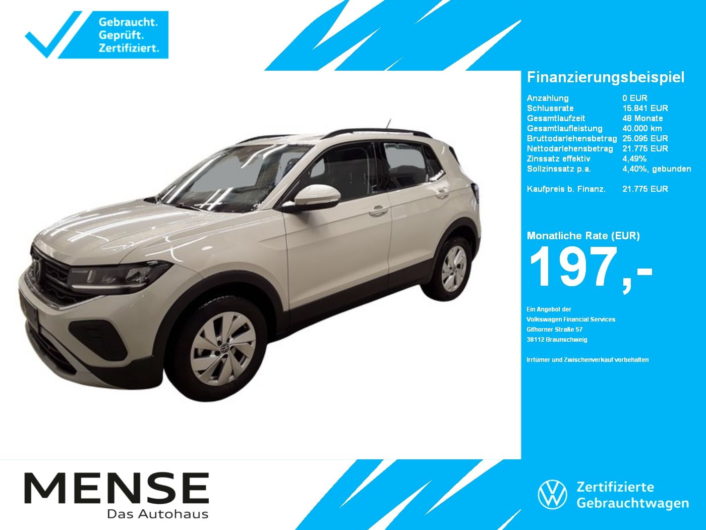 Fahrzeuge PKW autohaus mense Volkswagen T-Cross 1.0 TSI Life CarPlay ACC LED Navi Kamera