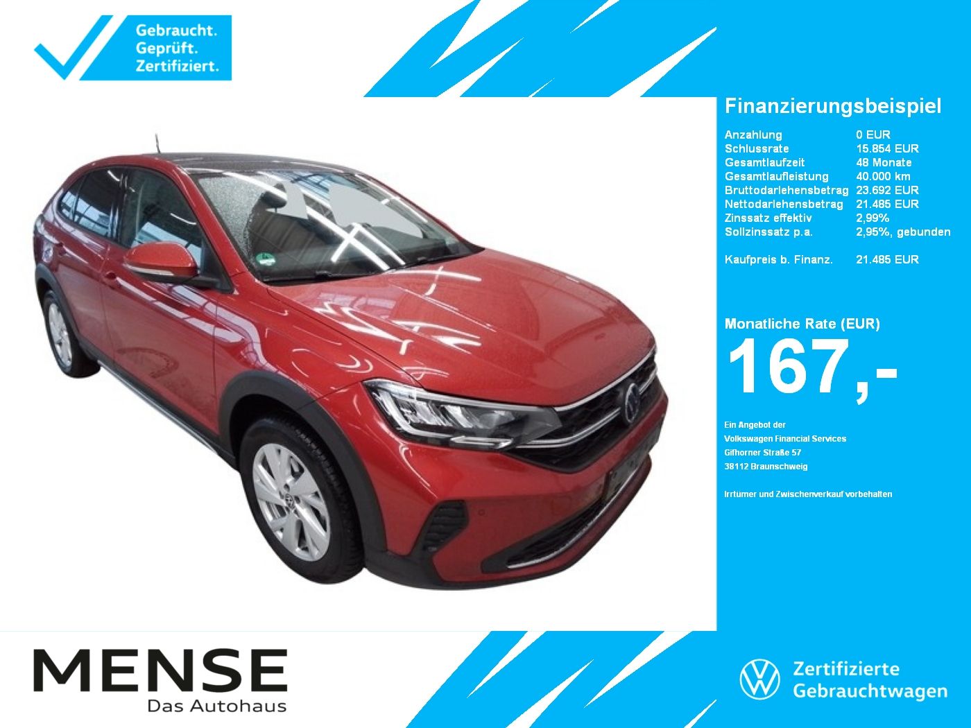 Fahrzeuge PKW autohaus mense Volkswagen Taigo 1.0 TSI Life CarPlay Pano SD LED Navi PDC