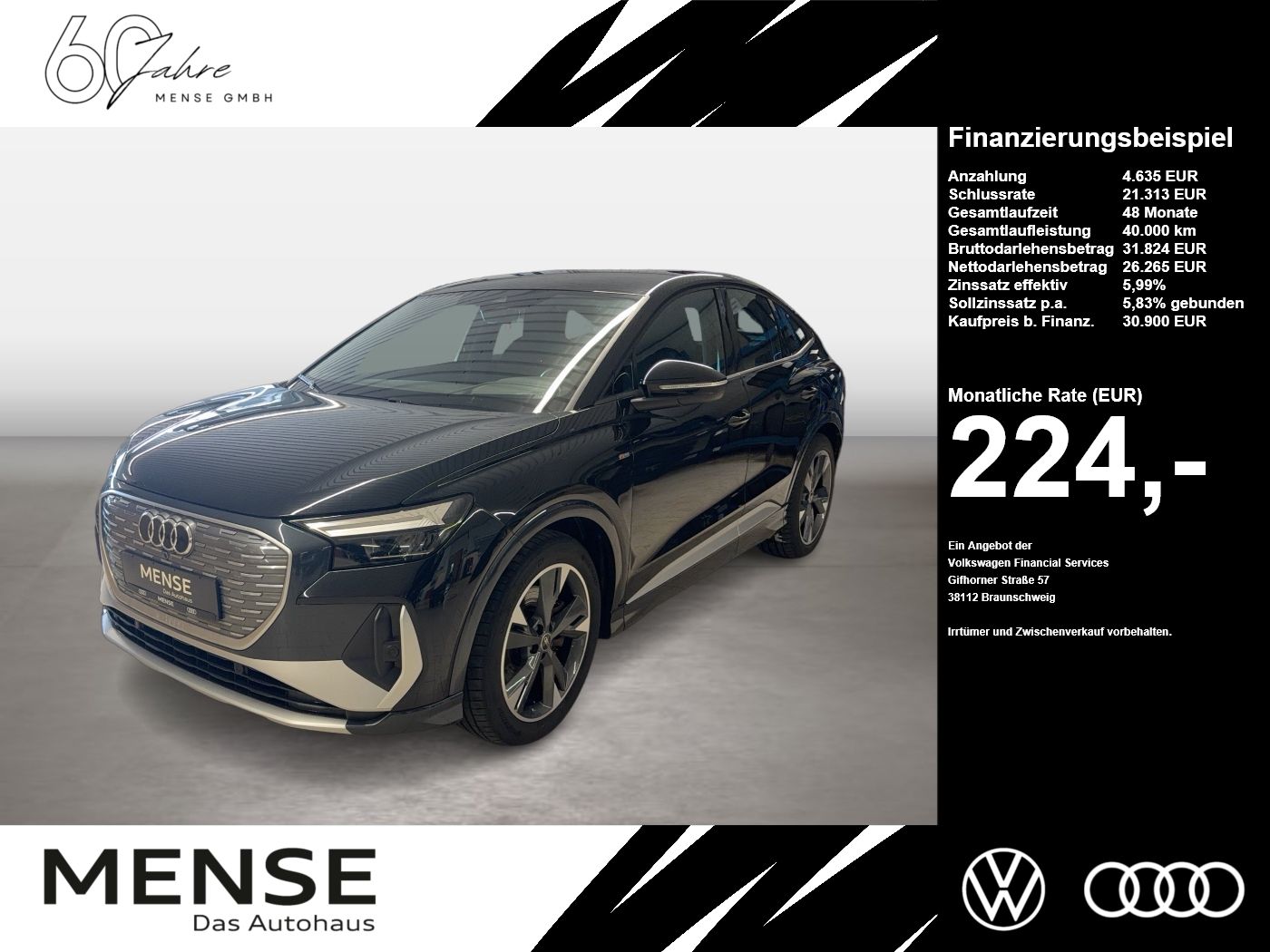 Fahrzeug autohaus mense Fahrzeugabbildung Audi Q4 Sportback e-tron 40 CarPlay HUD LED LM - mit KI generiert/bearbeitet