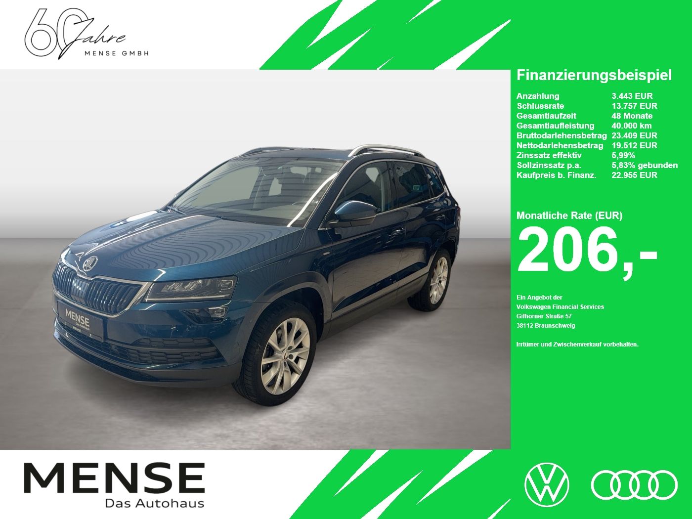 Fahrzeug autohaus mense Fahrzeugabbildung SKODA Karoq Clever 2.0l TDI 110kW 7-Gang-DSG 4x4 AHK P - mit KI generiert/bearbeitet