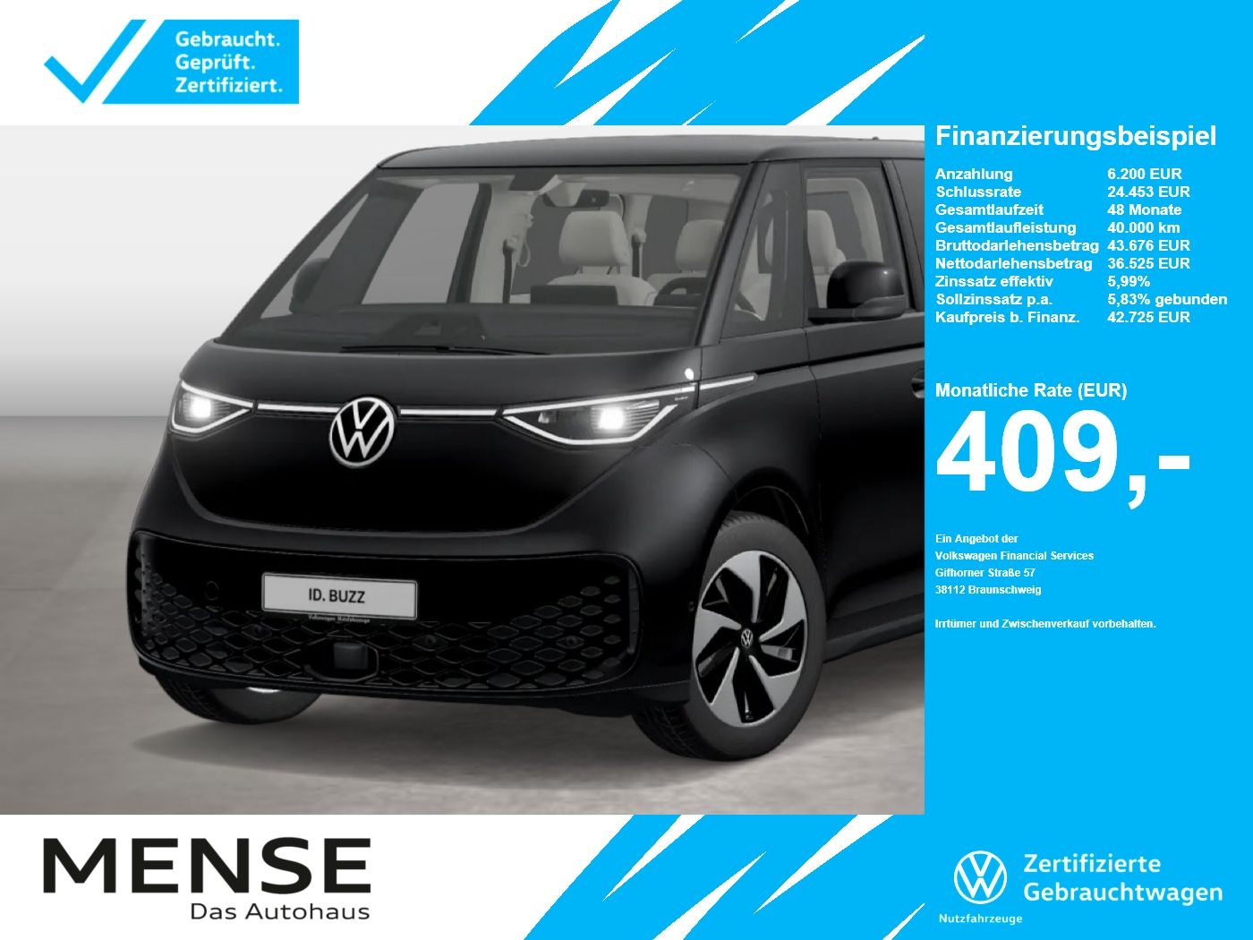 Fahrzeug autohaus mense Fahrzeugabbildung Volkswagen ID. Buzz Pro Motor: 77 kWh Getriebe: 1-Gang-Auto - mit KI generiert/bearbeitet