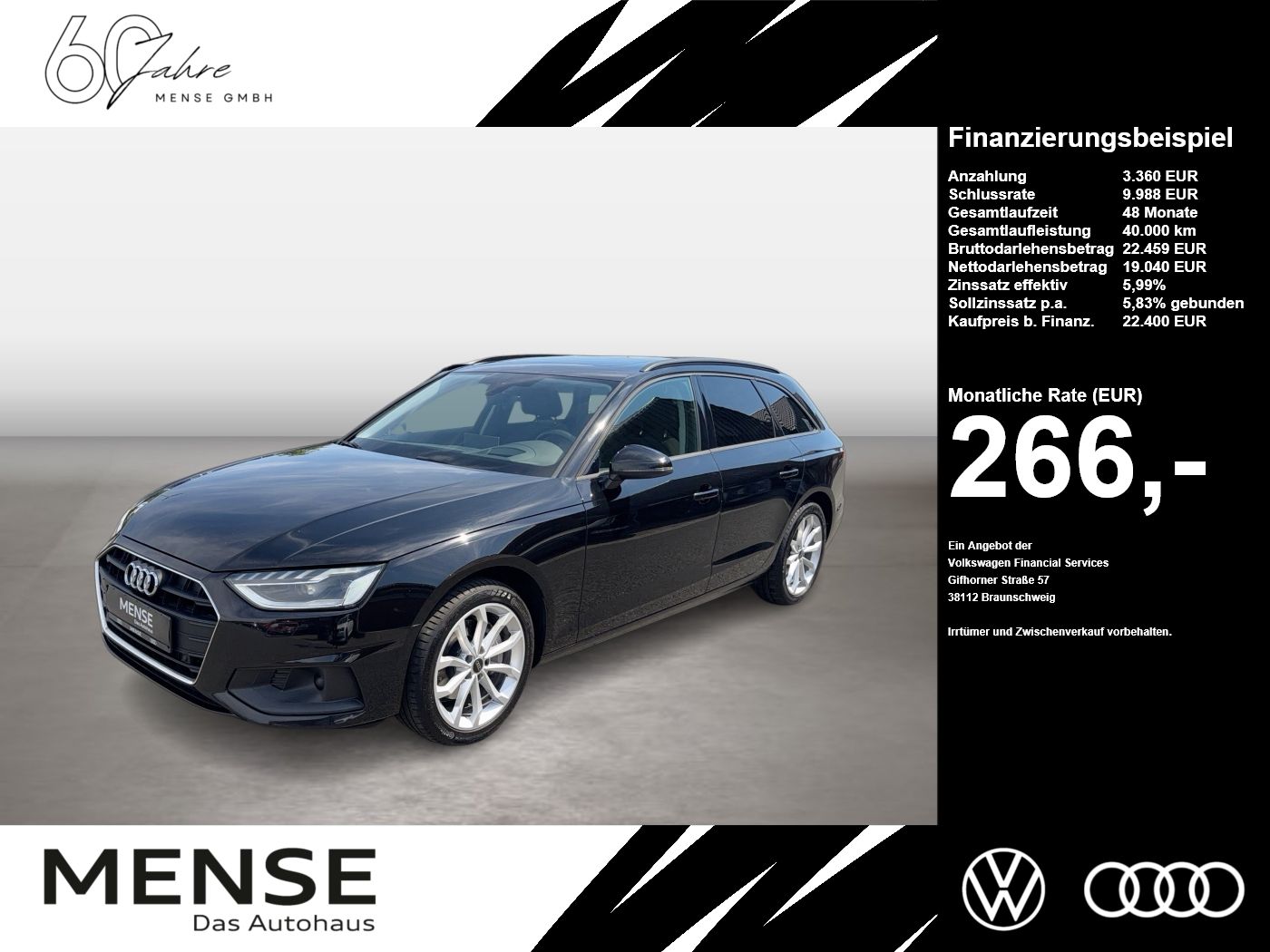Fahrzeug autohaus mense Fahrzeugabbildung Audi A4 Avant 40 TDI S tronic Matrix AHK HUD - mit KI generiert/bearbeitet