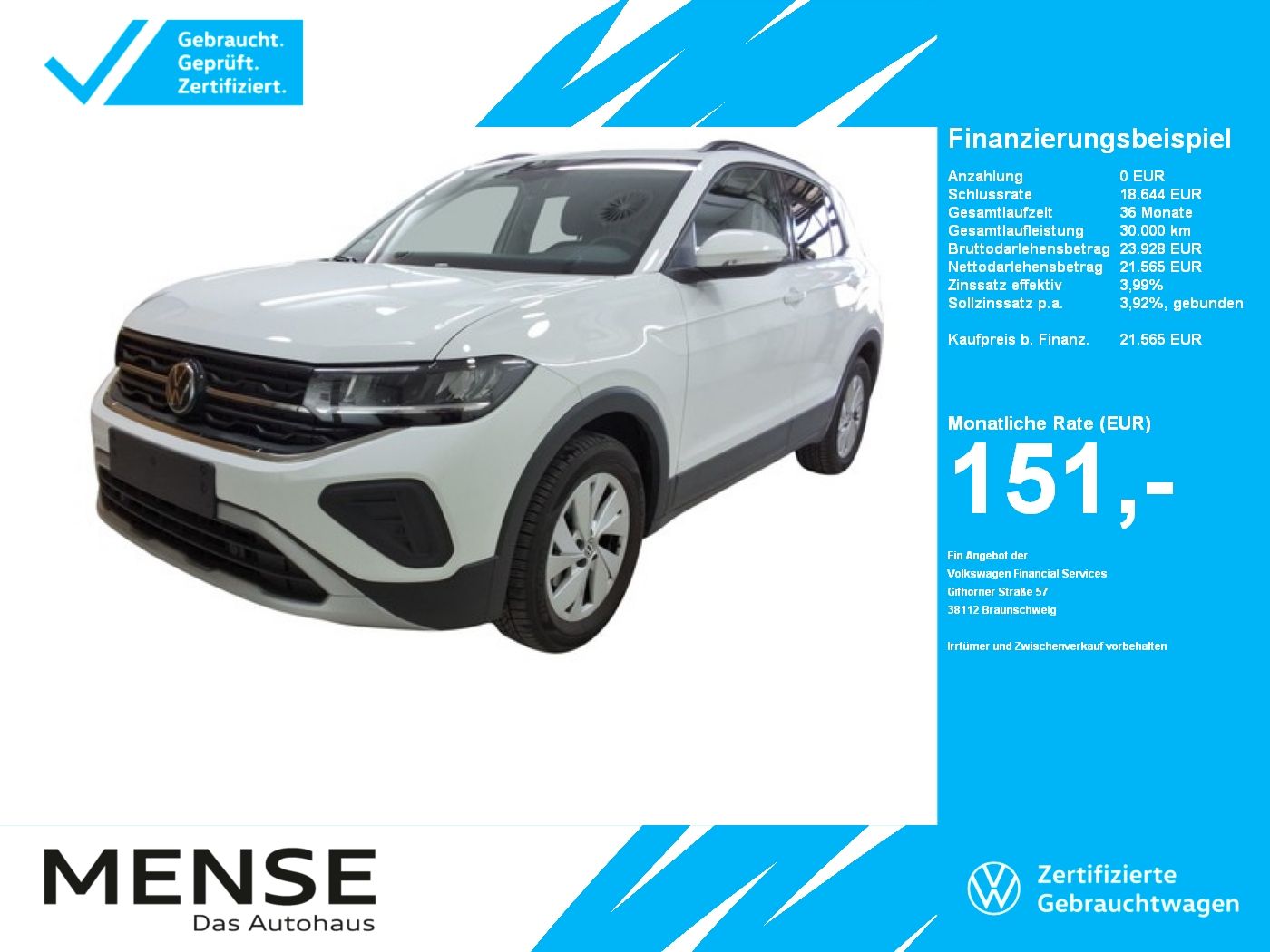 Fahrzeuge PKW autohaus mense Volkswagen T-Cross 1.0 TSI DSG Life CarPlay ACC LED Navi LM