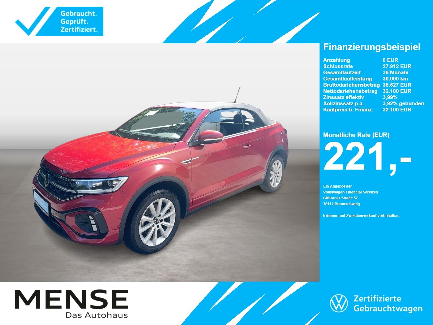 Fahrzeuge PKW autohaus mense Volkswagen T-Roc Cabriolet 1.5 TSI R-Line IQ.Light Matrix - mit KI generiert/bearbeitet