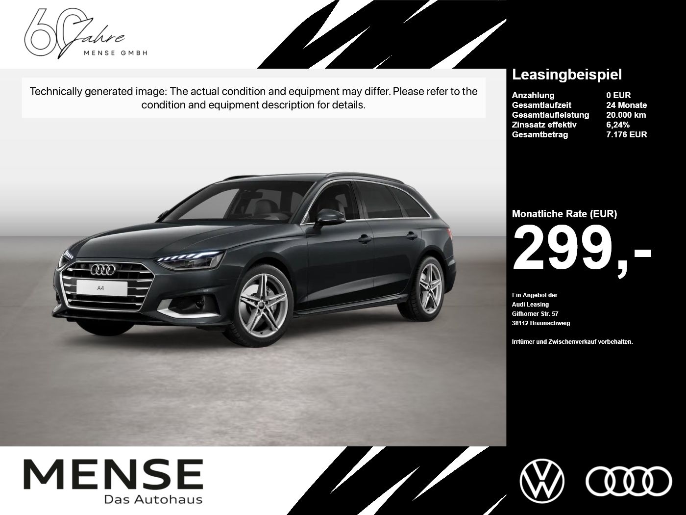 Fahrzeug autohaus mense Fahrzeugabbildung Audi A4 Avant Advanced 40 TDI S tronic S line HUD ACC - mit KI generiert/bearbeitet