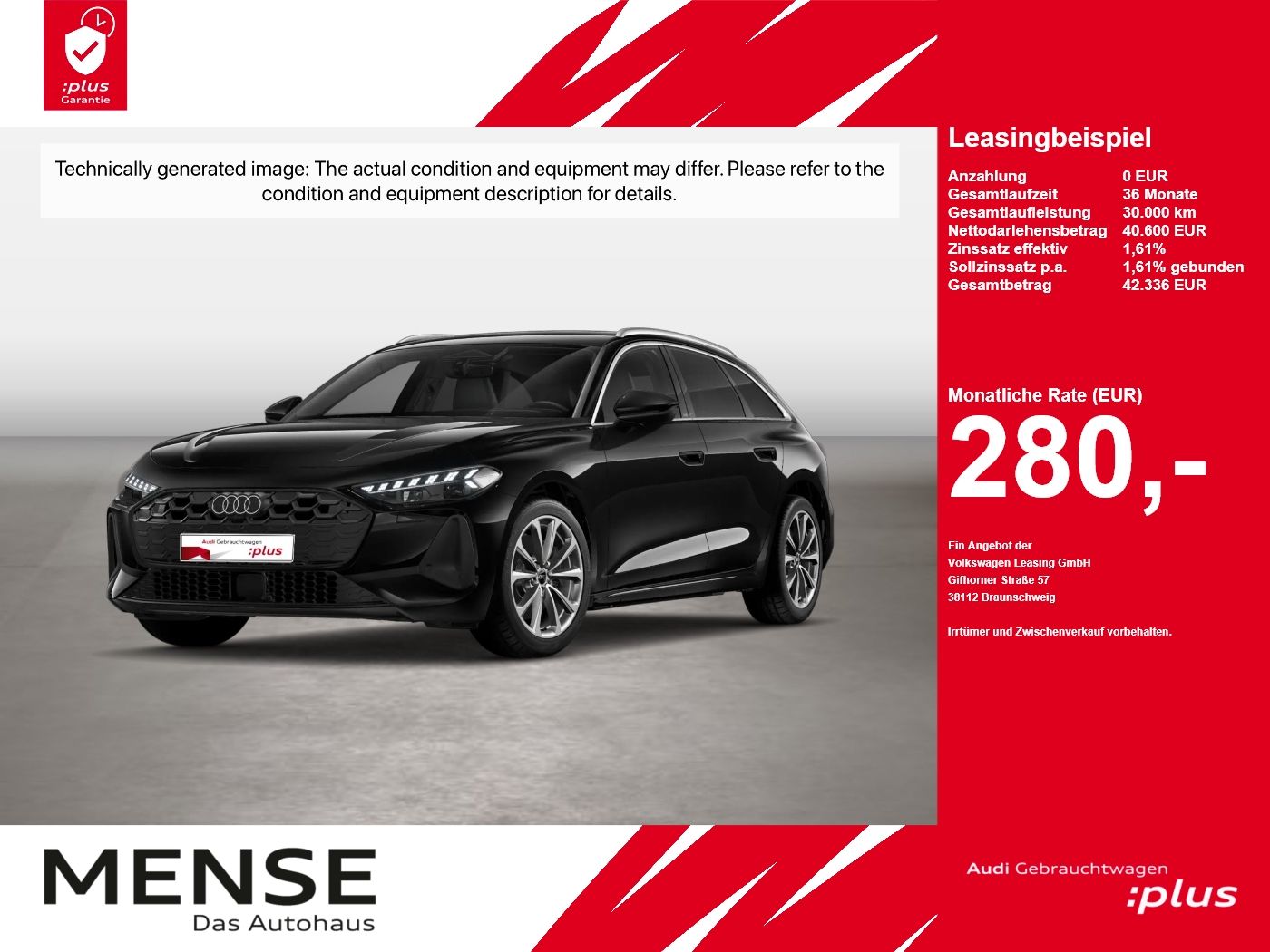Fahrzeug autohaus mense Fahrzeugabbildung Audi A5 Avant TDI 150 kW S tronic B&O HUD ACC LED PDC - mit KI generiert/bearbeitet