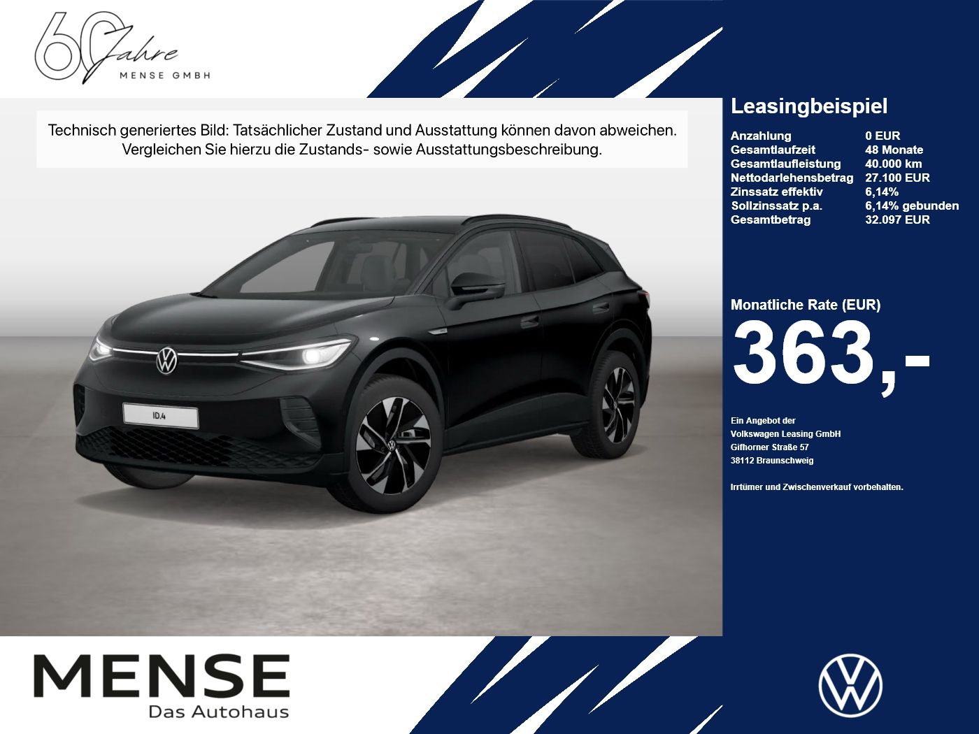 Fahrzeug autohaus mense Fahrzeugabbildung Volkswagen ID.4 Pro Performance IQ.Light Matrix CarPlay AHK - mit KI generiert/bearbeitet