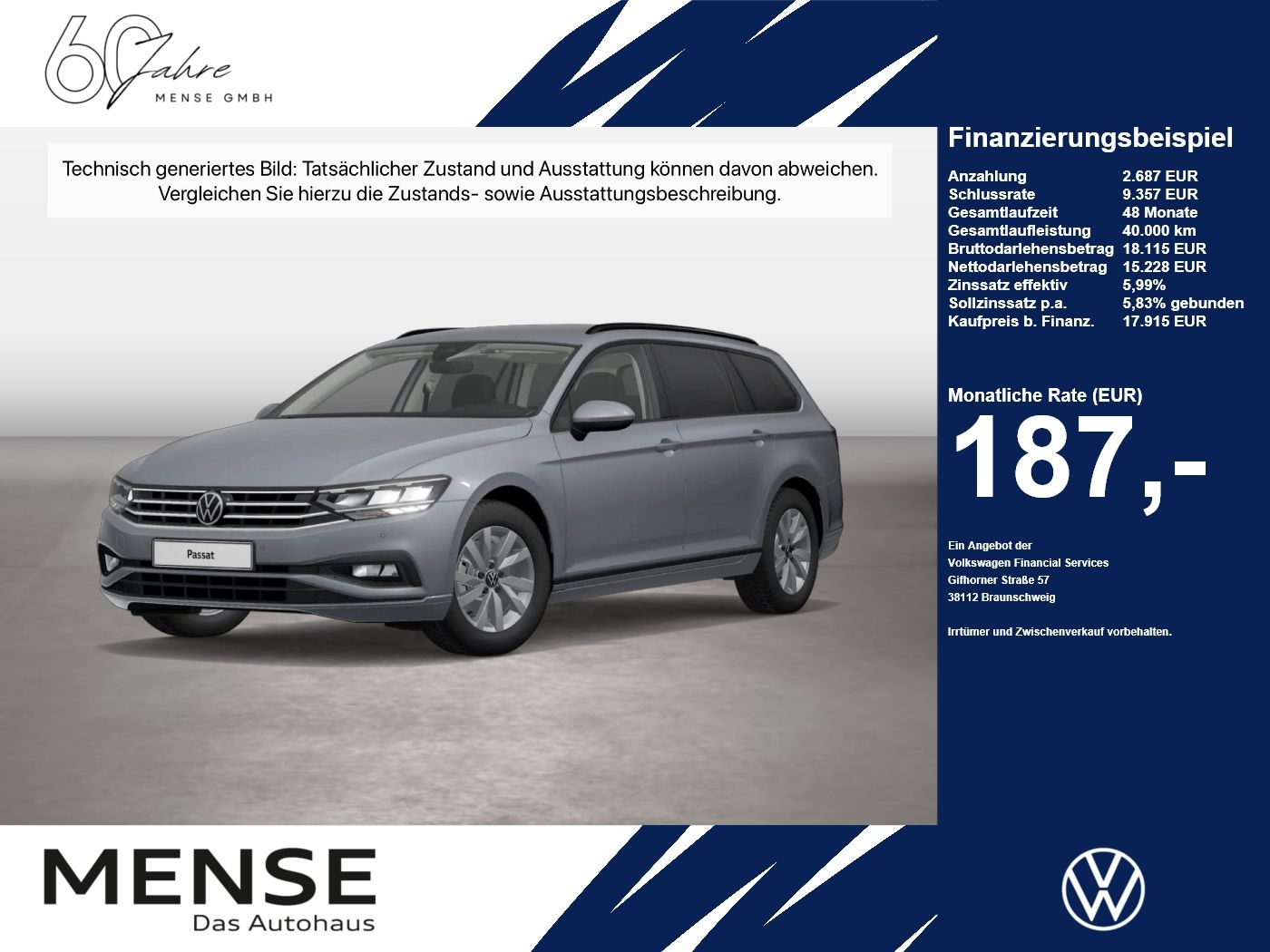 Fahrzeugabbildung Volkswagen Passat Variant 2.0 TDI DSG CarPlay AHK ACC - mit KI generiert/bearbeitet