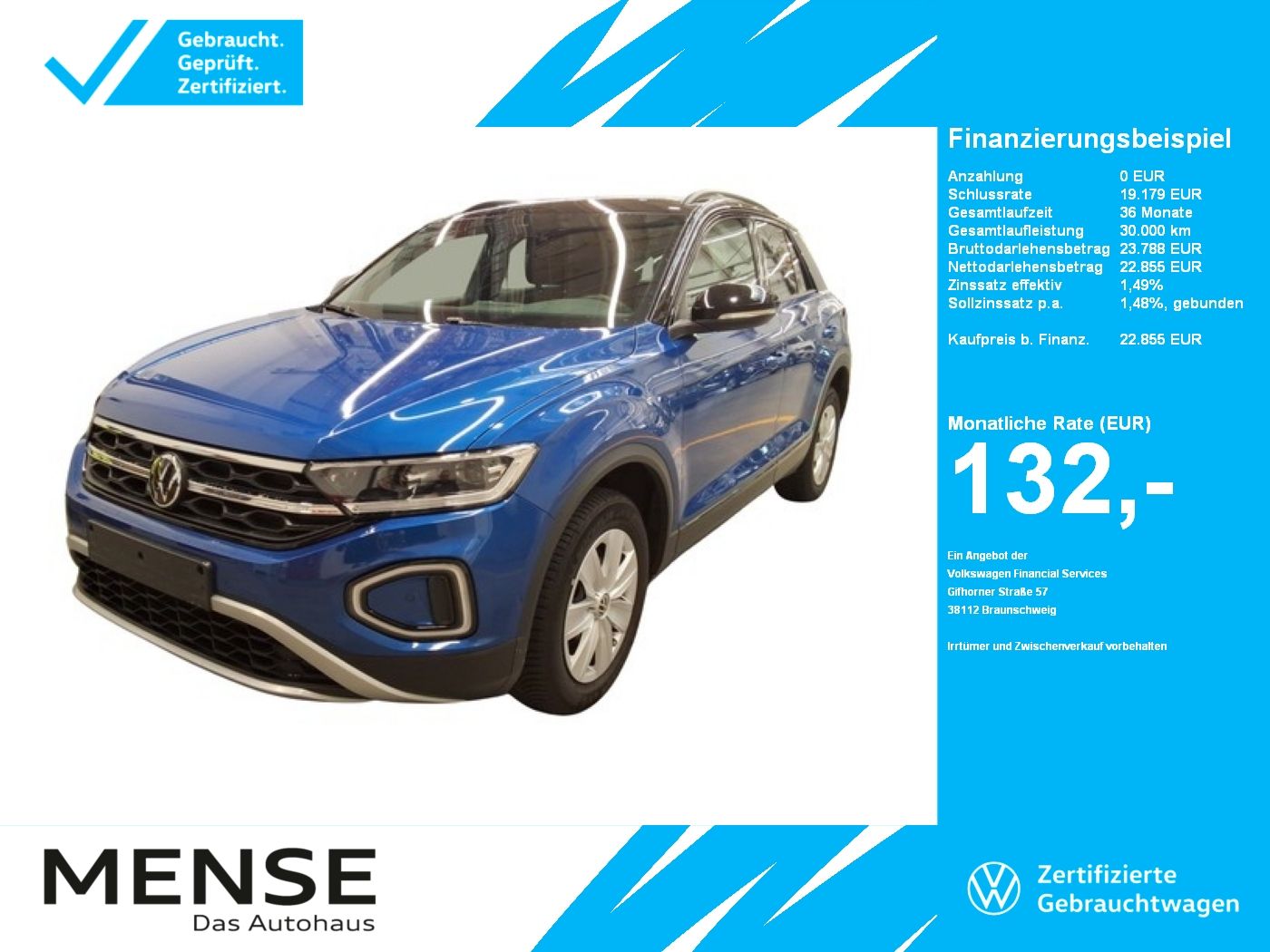 Fahrzeuge PKW autohaus mense Volkswagen T-Roc 1.0 TSI Style CarPlay ACC LED Navi Alcant.