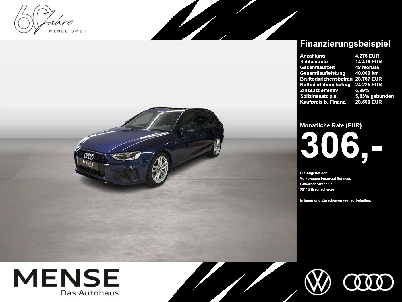 Fahrzeug autohaus mense Fahrzeugabbildung Audi A4 Avant 40 TDI quattro S tronic S line Matrix P - mit KI generiert/bearbeitet